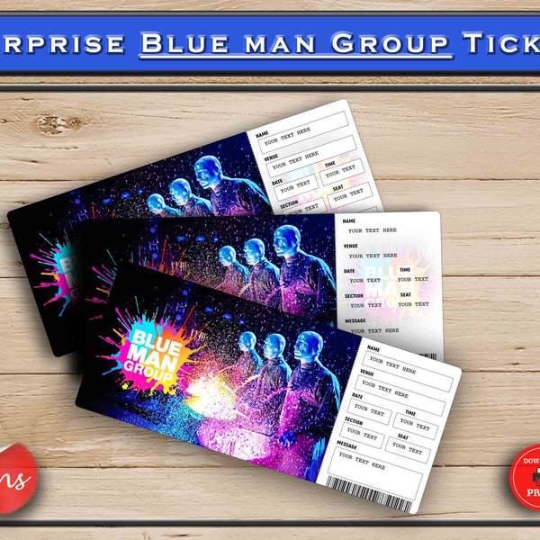 Blue Man Group Printable Broadway Surprise Ticket. Editable Musical Theatre Faux Event Admission Souvenir Keepsake. PDF or Word.