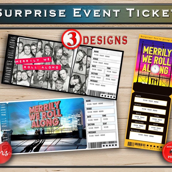 Merrily We Roll Along Printable Broadway Surprise Ticket. Editable Musical Theatre Faux Event Admission Souvenir Keepsake. PDF and WORD.