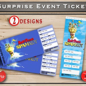 Op de afbeelding: Twee printbare ticketontwerpen voor een Monty Python's Spamalot-evenement. De tickets zijn blauw met een afbeelding van een gouden beker en de titel van de show. De tekst op de tickets luidt "Verrassing! Je gaat Monty Python's Spamalot zien".