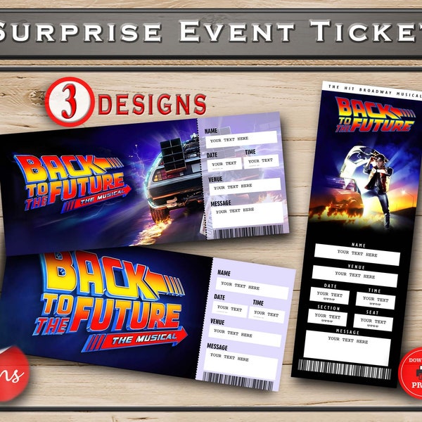 Printable BACK T0 The FUTURE Broadway Surprise Ticket. Editable Musical Theatre Faux Event Admission Keepsake. PDF Instant Digital Download.