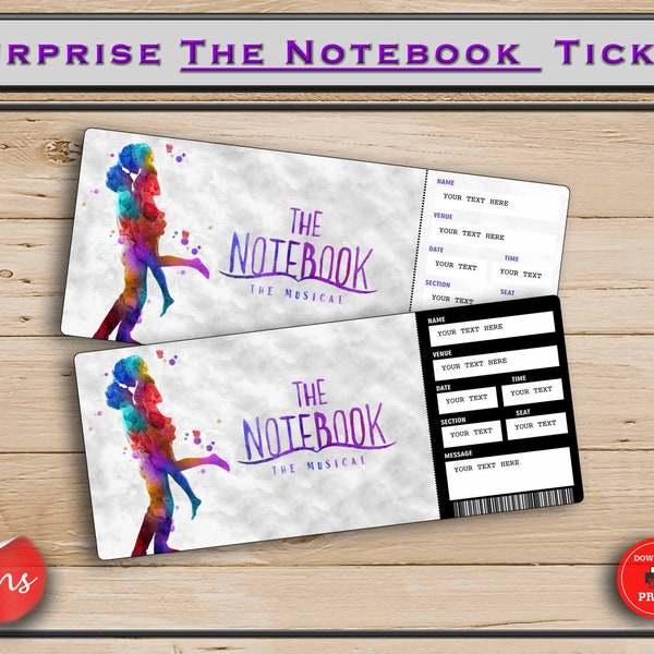The Notebook Printable Broadway Surprise Ticket. Editable Musical Theatre Faux Event Admission Souvenir Keepsake. PDF Instant Download Word