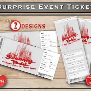 Puede incluir: Descarga digital imprimible de dos diseños para una entrada de evento sorpresa. El boleto presenta un diseño de salpicaduras de acuarela roja con el texto "Sweeney Todd, The Demon Barber of Fleet Street".