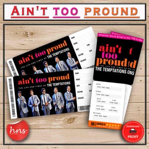 Ain't Too Pround Surprise Event Ticket zum Ausdrucken. Bearbeitbares Musikticket, Souvenir-Andenken für den Eintritt in das Faux Event. Word oder Pdf.
