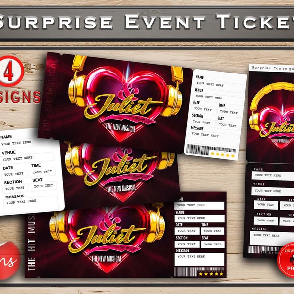 And Juliet Printable Broadway Surprise Ticket. Editable Musical Theatre Faux Event Admission Souvenir Keepsake. PDF Download Word