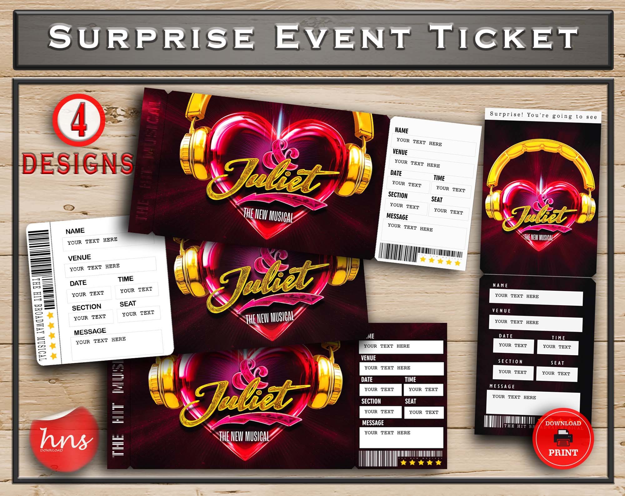 And Juliet Broadway Surprise Ticket: Editable Keepsake (PDF & Word)