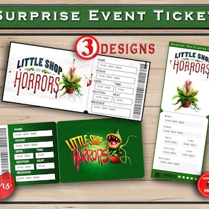 Entrada sorpresa imprimible para Broadway de La pequeña tienda de los horrores. Recuerdo editable de entrada a un evento de teatro musical. PDF o Word.