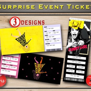 Druckbare FUNNY GIRL Broadway Surprise Ticket. Bearbeitbares Musiktheater-Faux-Event-Admission-Andenken. Word und PDF Sofortiger Digitaler Download