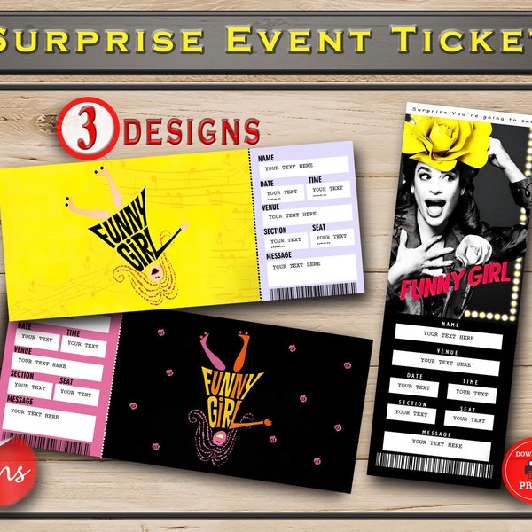 Printable FUNNY GIRL Broadway Surprise Ticket. Editable Musical Theatre Faux Event Admission Keepsake. Word and PDF Instant Digital Download