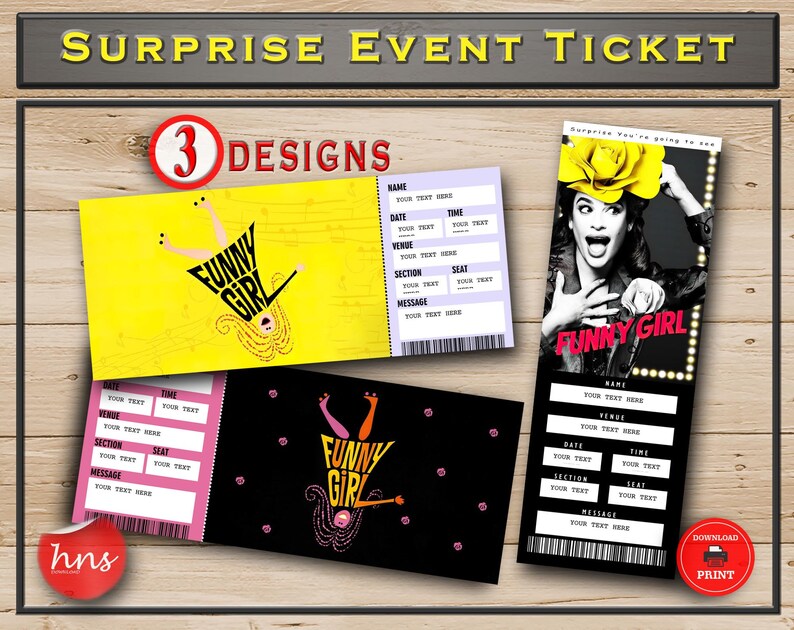 Printable FUNNY GIRL Broadway Surprise Ticket. Editable Musical Theatre