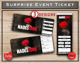 Könnte beinhalten: Drei druckbare Designs für eine Überraschungseinladungskarte mit dem Broadway-Musical Hadestown. Die Karten haben einen schwarz-weißen Hintergrund mit einer roten Nelke und dem Titel Hadestown in weißer Schrift.