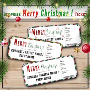 Frohe Weihnachten Überraschungsticket zum Ausdrucken. Bearbeitbares Musiktheater Faux Event Eintritt Souvenir Andenken. PDF oder Word.