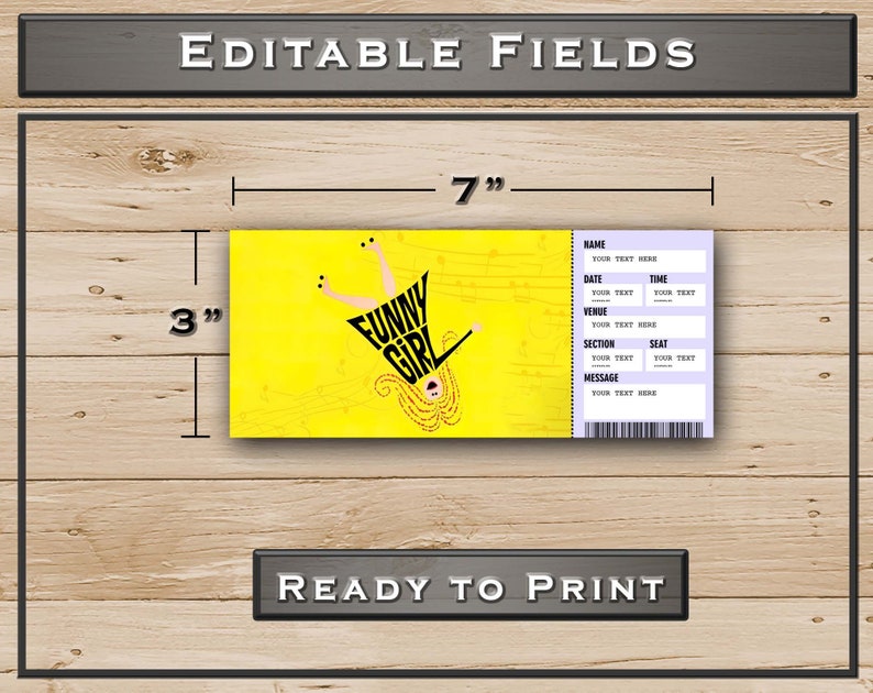 Printable FUNNY GIRL Broadway Surprise Ticket. Editable Musical Theatre