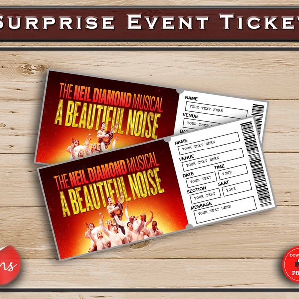 The Neil Diamond Musical A Beautiful Noise Printable Broadway Surprise Ticket. Editable Musical Theatre. PDF or Word.