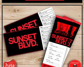 Puede incluir: Plantilla de boleto imprimible para un evento sorpresa con el texto "¡Sorpresa! Vas a ver... Sunset Blvd." en texto rojo sobre fondo negro. El boleto tiene espacios en blanco para el nombre, el lugar, la fecha, la hora, la sección, el asiento y el mensaje.