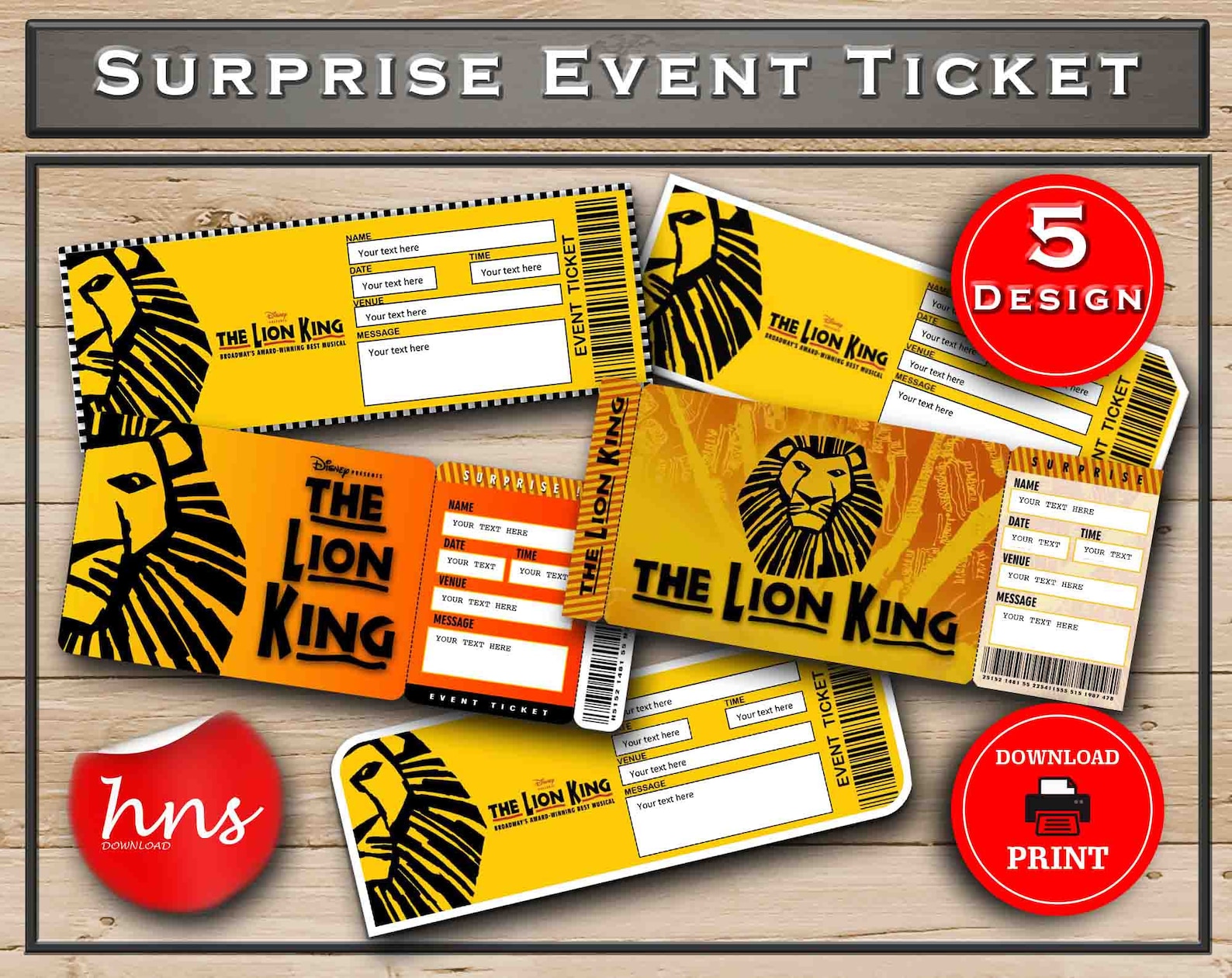 Lion King Printable Broadway Surprise Ticket. Editable Musical Theatre Faux Event Admission ...