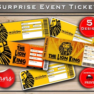 Ingresso surpresa da Broadway para impressão do Rei Leão. Lembrança de admissão para evento falso de teatro musical editável. PDF Download instantâneo Word