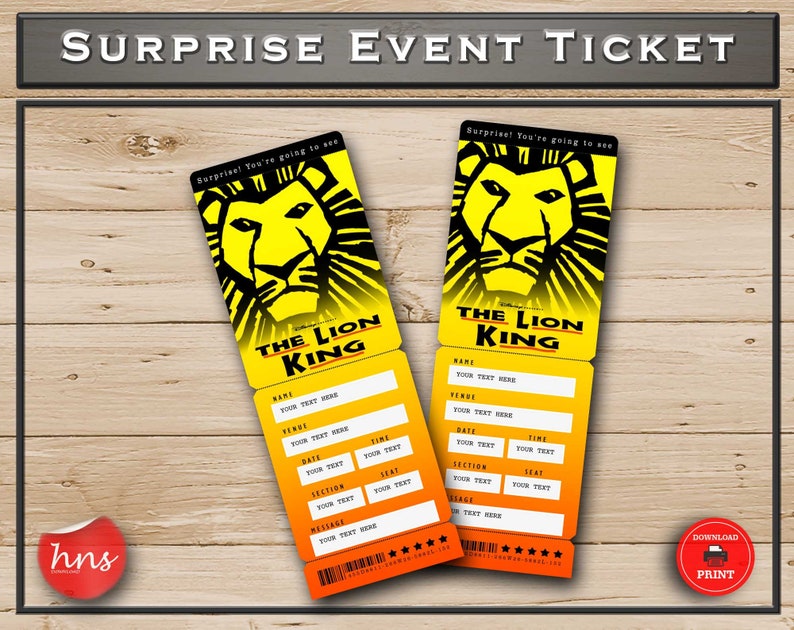 Lion King Printable Broadway Surprise Ticket. Editable Musical Theatre