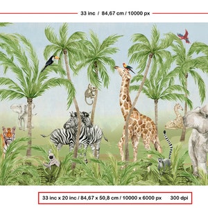 Może przedstawiać: Kolorowy mural dżungli przedstawiający żyrafę, zebrę, tygrysa, słonia i małpy. Mural jest umieszczony na tle palm i niebieskiego nieba.