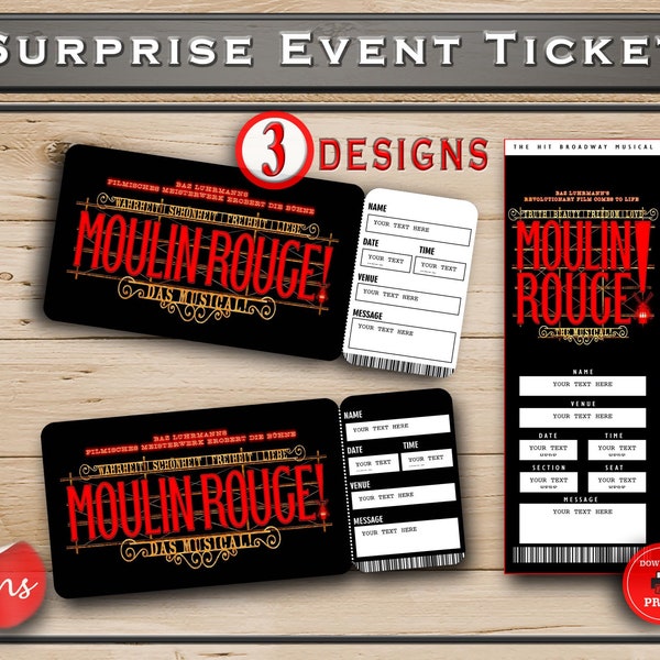 MOULIN ROUGE Ticket Printable Broadway Surprise. Editable Musical Theatre Faux Event Admission Souvenir Keepsake. PDF Instant Download Word