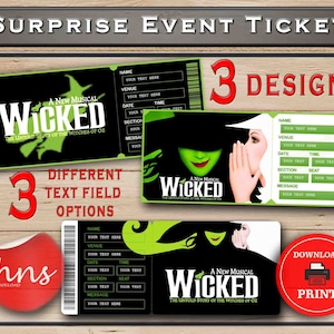 WICKED druckbare Broadway-Überraschungskarte. Bearbeitbares Musiktheater Faux Event Eintritt Souvenir Andenken. PDF Sofort-Download Word