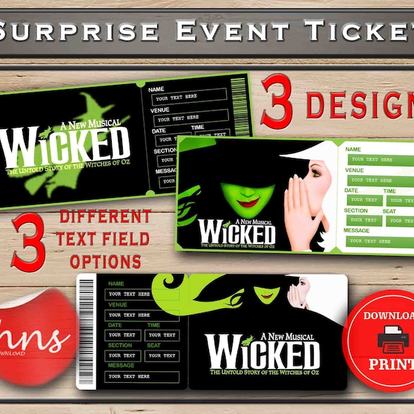 WICKED Printable Broadway Surprise Ticket. Editable Musical Theatre Faux Event Admission Souvenir Keepsake. PDF Instant Download Word