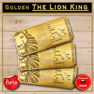 Ingresso Surpresa Imprimível Dourado O Rei Leão da Broadway. Lembrança de Admissão para Evento Falso de Teatro Musical Editável. PDF ou Word.