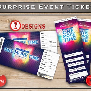 Peut inclure: Deux modèles imprimables pour un billet d'événement surprise. Le billet présente un fond coloré et scintillant avec le texte "Once Upon A One More Time - A New Musical".