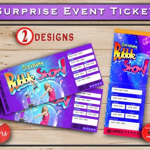 May include: Two designs for a printable ticket to a Gazillion Bubble Show. The ticket is purple with a blue and white bubble design. The text "Gazillion Bubble Show" is in a large, colourful font.