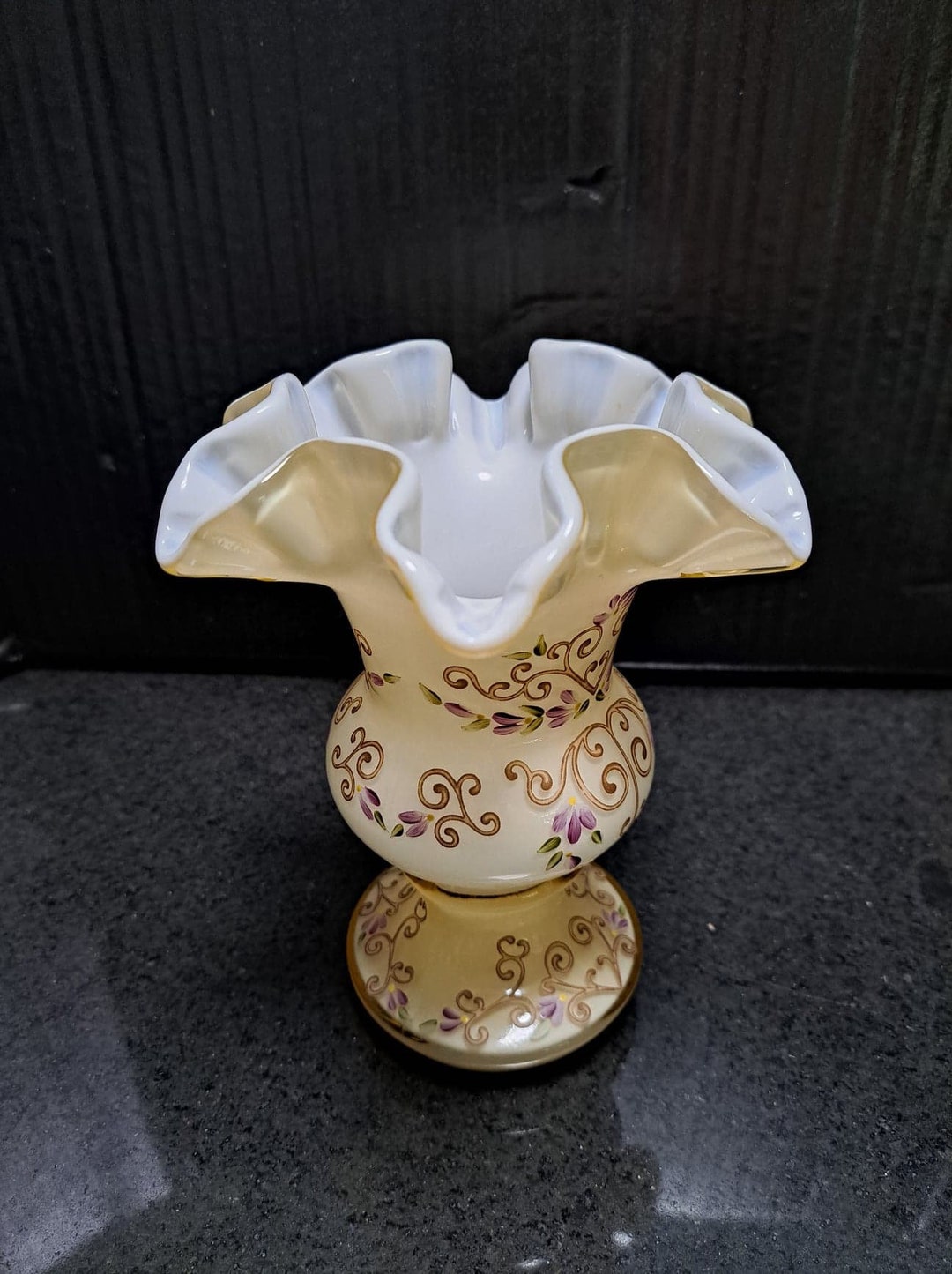 Fenton Gold Overlay Vase Cased Glass Filigree Floral Signed Etsy