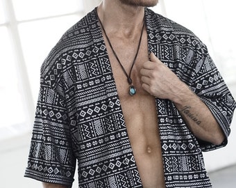 Matte Silver Tribal Kimono - Boho Festival Shirt, Men's Cardigan