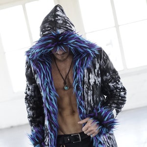 Trippy Fuzzy Monster Festival Faux Black Boho Funky Disco Burning Clothing Coat Jacket Party Outfit Men's Men Fur Playa Coat Costumes Hooded