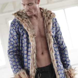 Manteau Playa en renard bleu maya fausse fourrure pour femmes Boho Festival Playa Costume veste Shuba Designs musique vêtements Double face à capuche