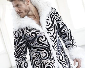 Polarfuchs Weiß Kunstpelz Mantel - Silber Samt Gefüttert Festival Jacke
