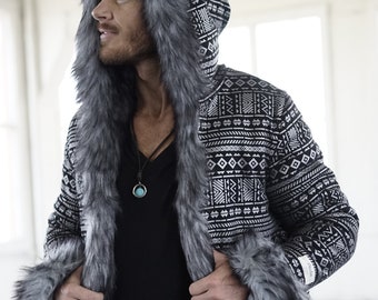 Reversible Faux Fur Hooded Coat: Silver Ritual Tribal Print Playa Wear