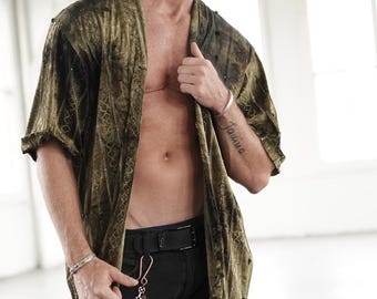 Grön mossa kort glansig kimono kostymskjorta mantel herrfestival Burning Man kläder triba ceremoni urban japansk stil rave kofta