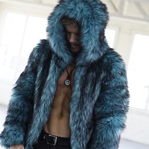 Teal Love Festival Faux Fur Blue Bohemian Trippy Shiny Accessories Burning Clothing Coat Jacket Party Wear Men&#39;s Men Playa Coat Rave Outfit