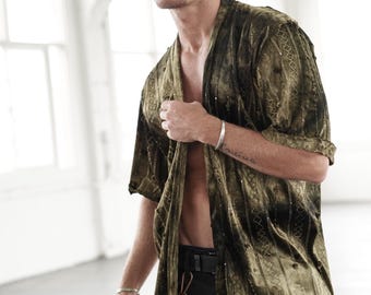 Green Moss Short Shiny Kimono Costume Shirt Robe Mens Festival Burning Man Clothing Triba Ceremony Urban Japanese Style Rave Cardigan