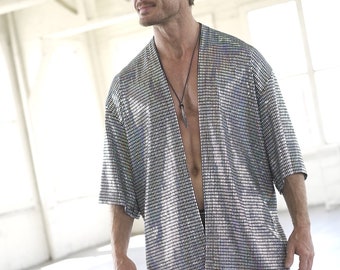 Disco Ball Silver Mens Kimono Iridescent Holographic Festival Clothing Shiny Jacket Burning Man Silk Robe Rave Outfit Shirt