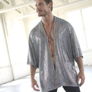 Disco Ball Silver Mens Kimono Iridescent Holographic Festival Clothing Shiny Jacket Burning Man Silk Robe Rave Outfit Shirt