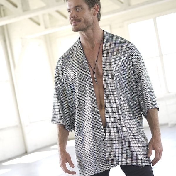 Disco Ball Argento Kimono da uomo Iridescente Olografico Festival Abbigliamento Giacca lucida Burning Man Abito in seta Camicia da rave