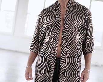 Sheer Eclipse Kimono: Light Gold Holographic Festival Robe, Shiny Rave Costume Shirt