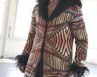 Reversible Faux Fur Festival ,Hooded Coat: Geometric Print Burning Man Jacket