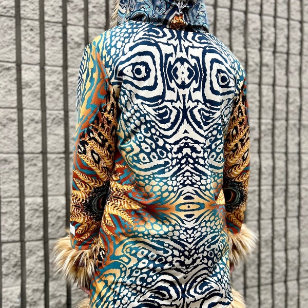 Trippy Story Coat Fox Fur Feathers Playa Faux Fake Animal Print Boho Pimp Fluffy Coat Costume Tribal Burning Man Clothes Long Clothing