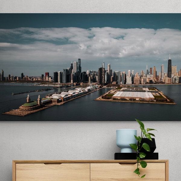 Navy Pier & Chicago Skyline wall art, Panoramic 30x16 to 60x30, Canvas Print