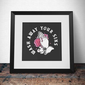 Pode incluir: Ilustração em preto e branco de um par de mãos lavando com sabão. As mãos estão juntas em oração e o sabão é rosa. O texto ao redor das mãos diz "Wash Away Your Sins".