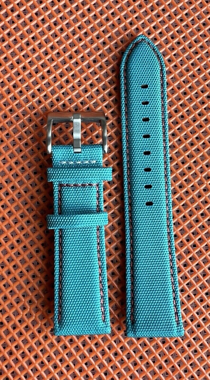 20mm Aqua Blue Sailcloth Canvas/leather Watch Band Strap Orange Stitch Qr Bars Etsy
