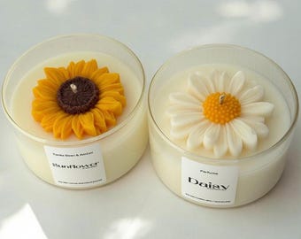 Sunflower and Daisy Soy Candle – Floral Scented Gift, Cozy Home Decor | 200g Glass Jar