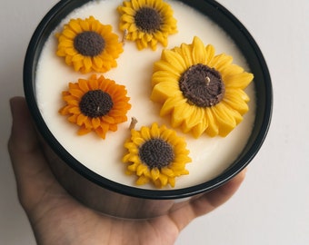 Sunflower Soy Candle in Black Glass, Large 3-wick Decorative Jar, Handmade Floral Candle Gift