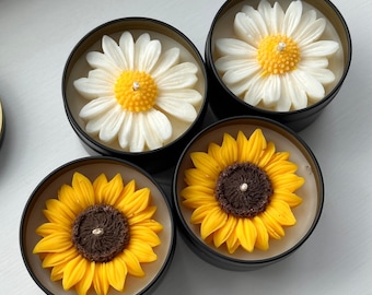Sunflower & Daisy Soy Wax Candles, Realistic Floral Design, Perfume Inspired Scents, Personalised Gift