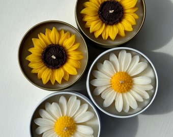 Personalised Soy Wax Candle | Sunflower and Daisy Design, Gold and White Metal Jar, Floral Gift for Her